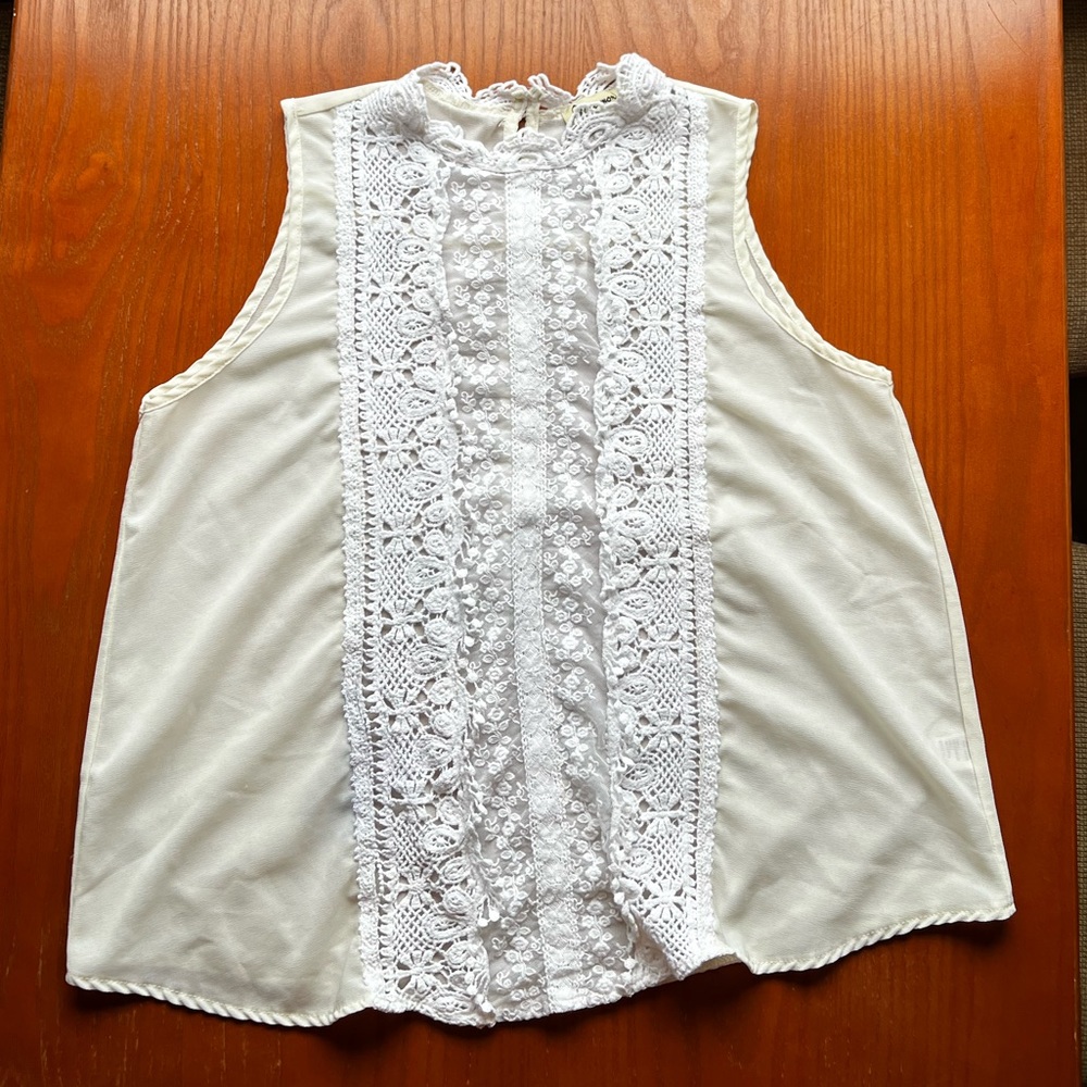 Beige and White Embroidered Sleeveless Casual Shirt/Top